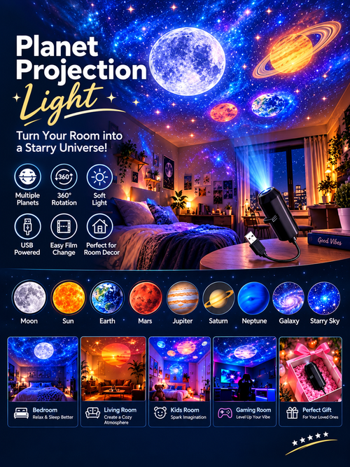 Demra Global Express rotating galaxy planet projection lamp displaying celestial bodies on a bedroom ceiling