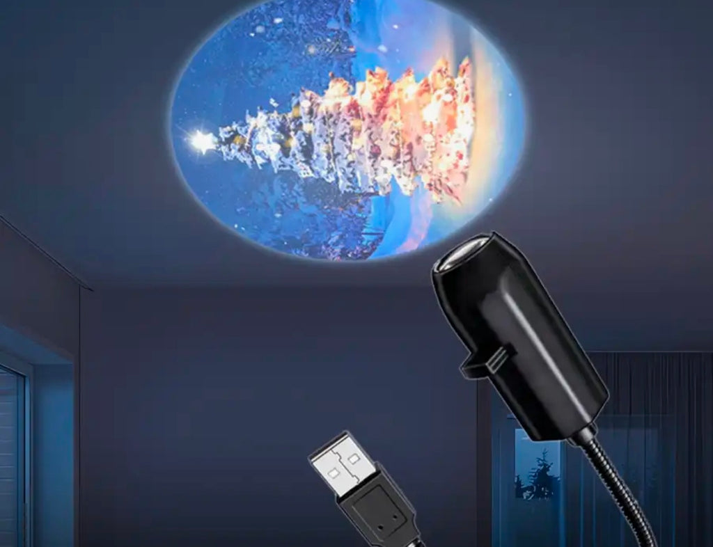 Demra Global Express rotating galaxy projection lamp casting a festive Christmas tree scene on a bedroom ceiling