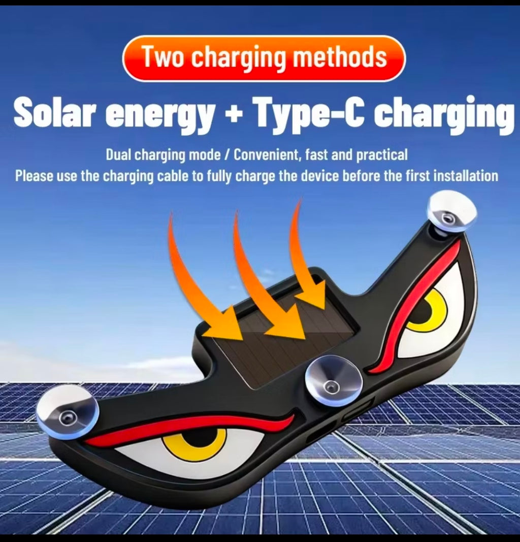 Demra Global Express solar powered angry eyes car warning light with dual charging and suction cup mount