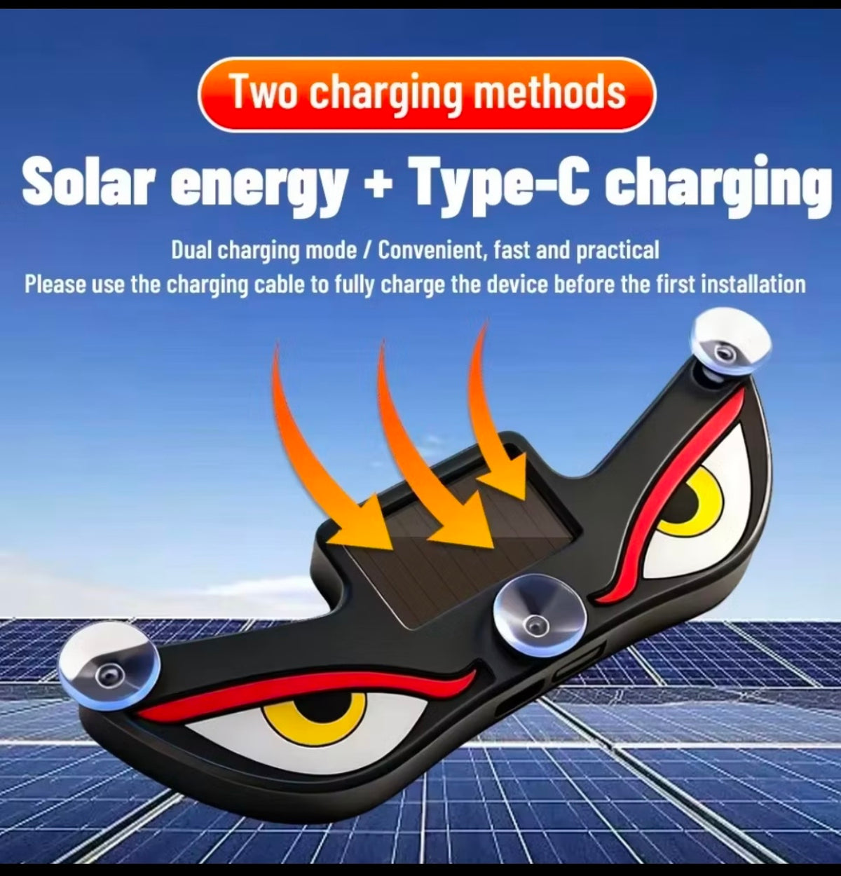 Demra Global Express solar powered angry eyes car warning light with dual charging and suction cup mount