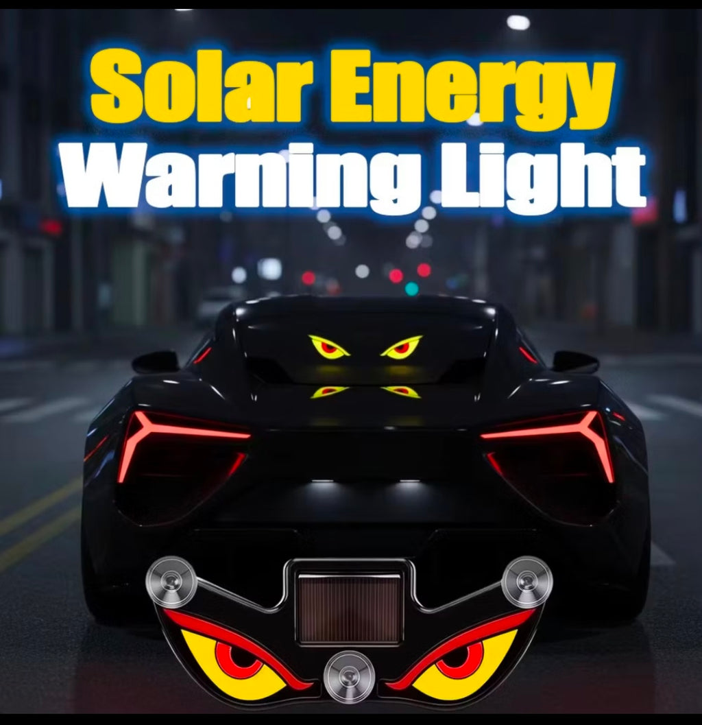 Demra Global Express solar-powered angry eyes car warning light with flashing LED patterns mounted on a rear windshield.