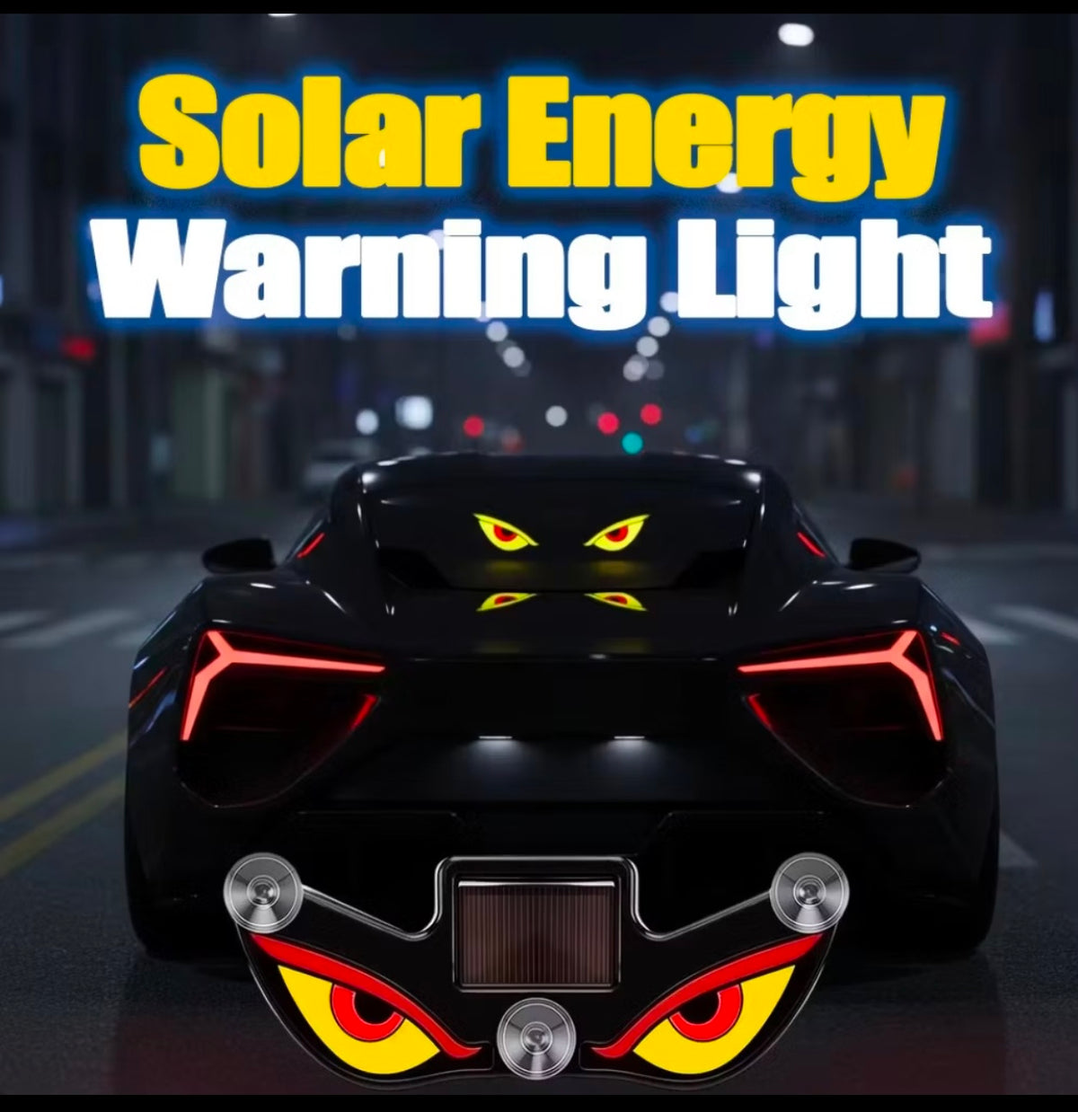 Demra Global Express solar-powered angry eyes car warning light with flashing LED patterns mounted on a rear windshield.