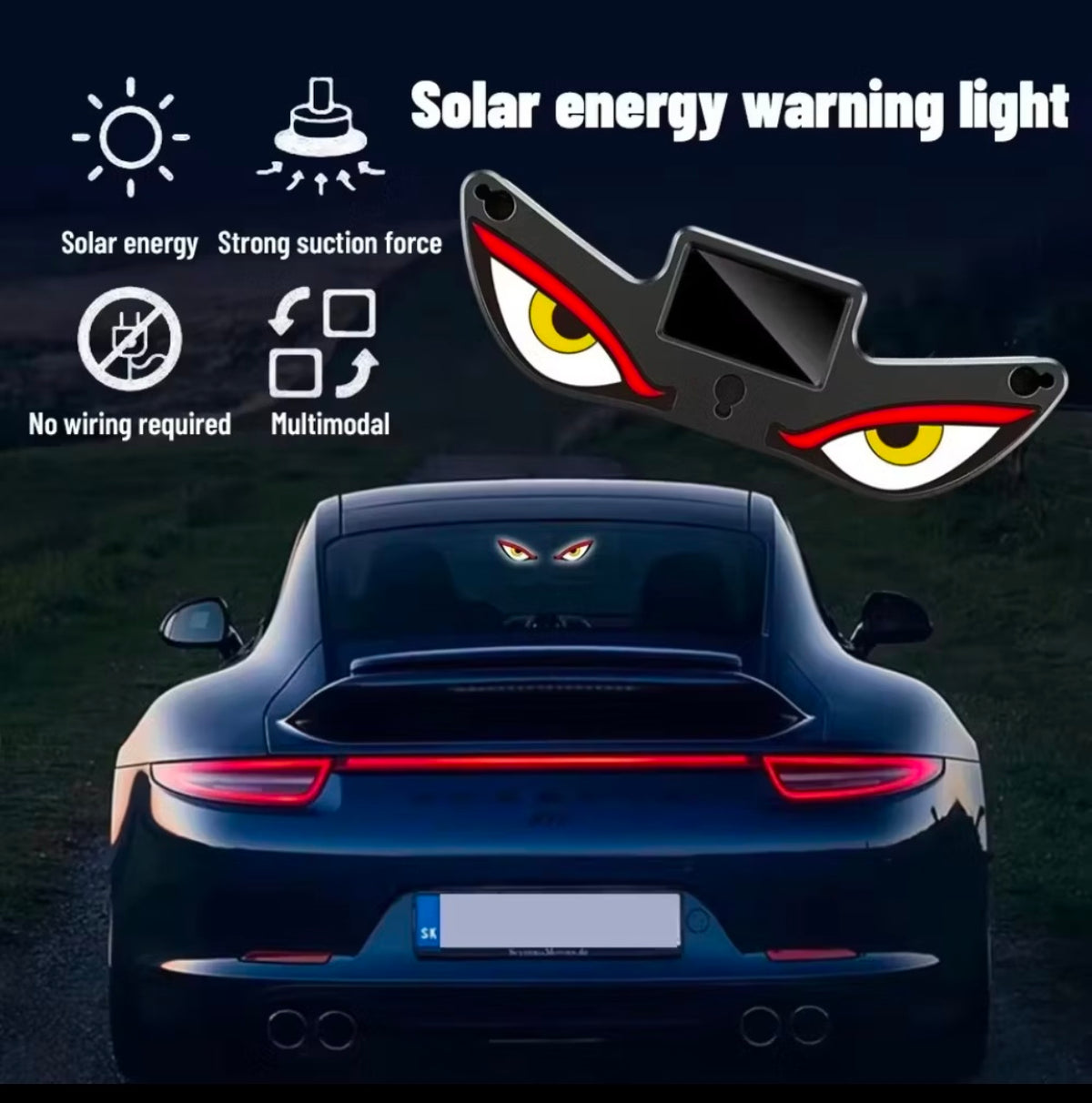 Demra Global Express solar-powered angry eyes LED warning light mounted on a car rear windshield for night visibility.