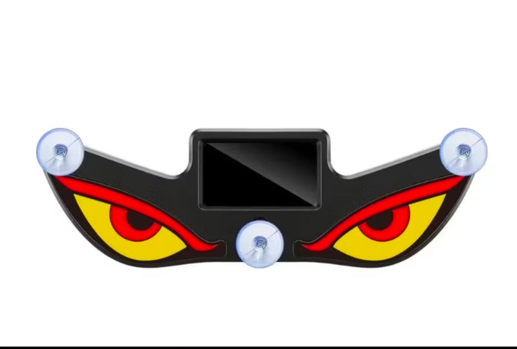 Demra Global Express solar-powered car warning light with aggressive red and yellow angry eyes design and suction cups