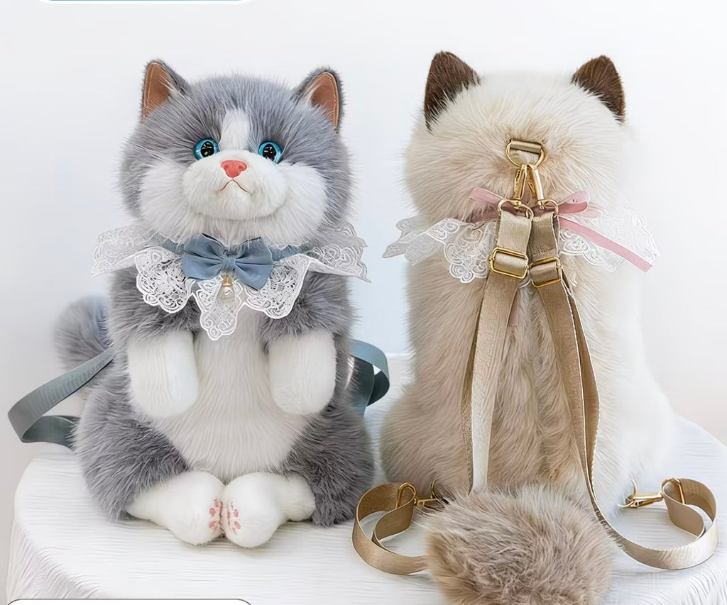Kawaii Fluffy Cat Plush Backpack – Cute Stuffed Animal Schoolbag with Lace Collar & Bow