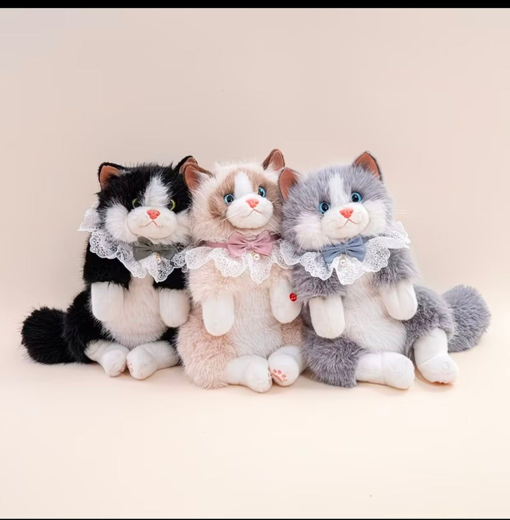 Kawaii Fluffy Cat Plush Backpack – Cute Stuffed Animal Schoolbag with Lace Collar & Bow