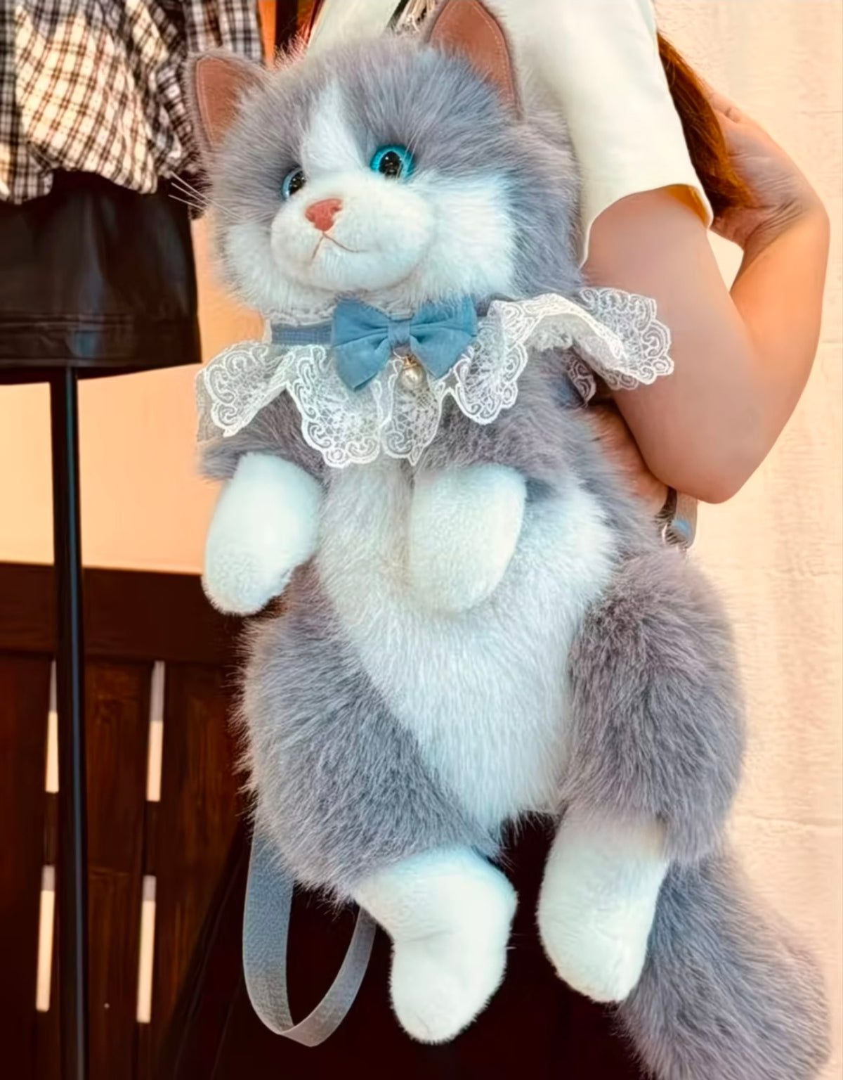 Kawaii Fluffy Cat Plush Backpack – Cute Stuffed Animal Schoolbag with Lace Collar & Bow